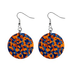 Blue And Orange Camouflage Pattern Mini Button Earrings by SpinnyChairDesigns