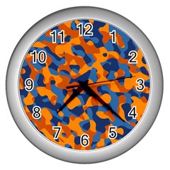 Blue And Orange Camouflage Pattern Wall Clock (silver) by SpinnyChairDesigns