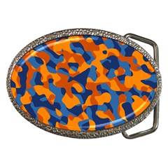 Blue And Orange Camouflage Pattern Belt Buckles by SpinnyChairDesigns