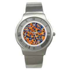 Blue And Orange Camouflage Pattern Stainless Steel Watch by SpinnyChairDesigns