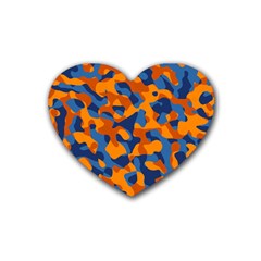 Blue And Orange Camouflage Pattern Rubber Coaster (heart)  by SpinnyChairDesigns