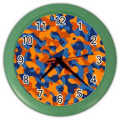 Blue And Orange Camouflage Pattern Color Wall Clock by SpinnyChairDesigns