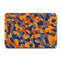 Blue And Orange Camouflage Pattern Small Doormat  by SpinnyChairDesigns