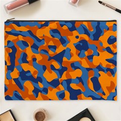 Blue And Orange Camouflage Pattern Cosmetic Bag (xxxl) by SpinnyChairDesigns