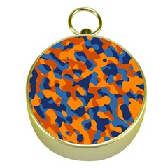 Blue And Orange Camouflage Pattern Gold Compasses by SpinnyChairDesigns