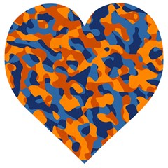 Blue And Orange Camouflage Pattern Wooden Puzzle Heart by SpinnyChairDesigns