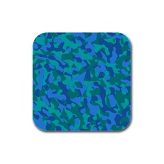 Blue Turquoise Teal Camouflage Pattern Rubber Square Coaster (4 Pack)  by SpinnyChairDesigns