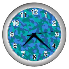 Blue Turquoise Teal Camouflage Pattern Wall Clock (silver) by SpinnyChairDesigns