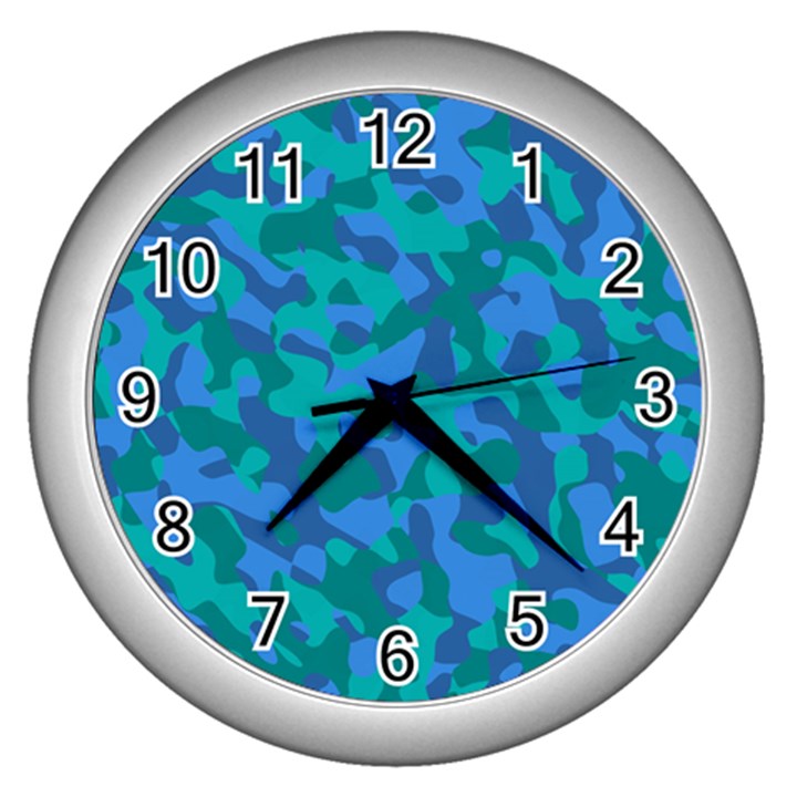 Blue Turquoise Teal Camouflage Pattern Wall Clock (Silver)