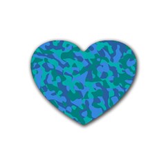 Blue Turquoise Teal Camouflage Pattern Rubber Coaster (heart)  by SpinnyChairDesigns