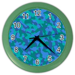 Blue Turquoise Teal Camouflage Pattern Color Wall Clock by SpinnyChairDesigns