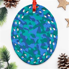 Blue Turquoise Teal Camouflage Pattern Ornament (oval Filigree) by SpinnyChairDesigns