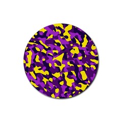 Purple And Yellow Camouflage Pattern Rubber Coaster (round)  by SpinnyChairDesigns