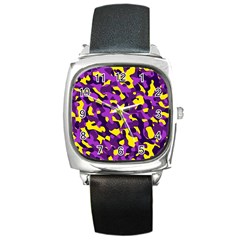 Purple And Yellow Camouflage Pattern Square Metal Watch by SpinnyChairDesigns