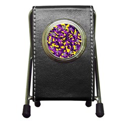 Purple And Yellow Camouflage Pattern Pen Holder Desk Clock by SpinnyChairDesigns