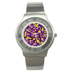 Purple And Yellow Camouflage Pattern Stainless Steel Watch by SpinnyChairDesigns