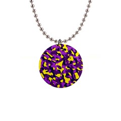 Purple And Yellow Camouflage Pattern 1  Button Necklace by SpinnyChairDesigns