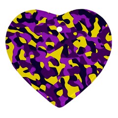 Purple And Yellow Camouflage Pattern Heart Ornament (two Sides) by SpinnyChairDesigns