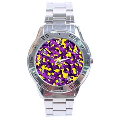 Purple And Yellow Camouflage Pattern Stainless Steel Analogue Watch by SpinnyChairDesigns