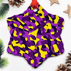 Purple And Yellow Camouflage Pattern Ornament (snowflake) by SpinnyChairDesigns