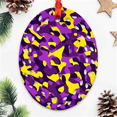 Purple And Yellow Camouflage Pattern Ornament (oval Filigree) by SpinnyChairDesigns