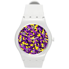 Purple And Yellow Camouflage Pattern Round Plastic Sport Watch (m) by SpinnyChairDesigns