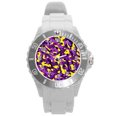 Purple And Yellow Camouflage Pattern Round Plastic Sport Watch (l) by SpinnyChairDesigns