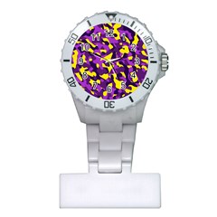 Purple And Yellow Camouflage Pattern Plastic Nurses Watch by SpinnyChairDesigns