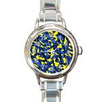 Blue and Yellow Camouflage Pattern Round Italian Charm Watch Front