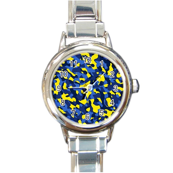 Blue and Yellow Camouflage Pattern Round Italian Charm Watch