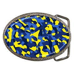 Blue And Yellow Camouflage Pattern Belt Buckles by SpinnyChairDesigns