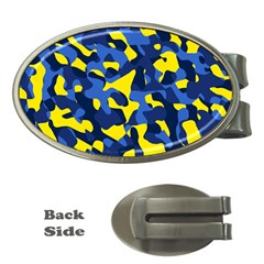 Blue And Yellow Camouflage Pattern Money Clips (oval)  by SpinnyChairDesigns