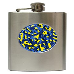 Blue And Yellow Camouflage Pattern Hip Flask (6 Oz) by SpinnyChairDesigns