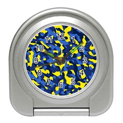 Blue And Yellow Camouflage Pattern Travel Alarm Clock by SpinnyChairDesigns