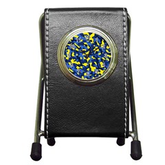 Blue And Yellow Camouflage Pattern Pen Holder Desk Clock by SpinnyChairDesigns