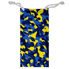 Blue And Yellow Camouflage Pattern Jewelry Bag by SpinnyChairDesigns