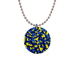 Blue And Yellow Camouflage Pattern 1  Button Necklace by SpinnyChairDesigns