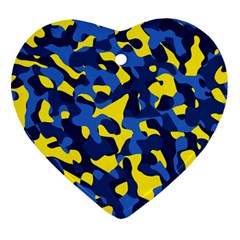 Blue And Yellow Camouflage Pattern Heart Ornament (two Sides) by SpinnyChairDesigns