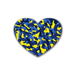 Blue And Yellow Camouflage Pattern Rubber Coaster (heart)  by SpinnyChairDesigns