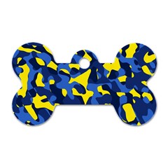 Blue And Yellow Camouflage Pattern Dog Tag Bone (two Sides) by SpinnyChairDesigns