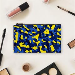 Blue And Yellow Camouflage Pattern Cosmetic Bag (small) by SpinnyChairDesigns