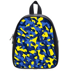 Blue And Yellow Camouflage Pattern School Bag (small) by SpinnyChairDesigns