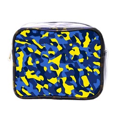 Blue And Yellow Camouflage Pattern Mini Toiletries Bag (one Side) by SpinnyChairDesigns