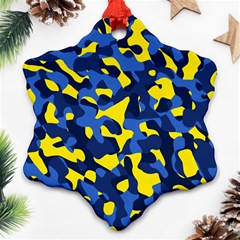 Blue And Yellow Camouflage Pattern Ornament (snowflake) by SpinnyChairDesigns