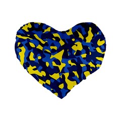 Blue And Yellow Camouflage Pattern Standard 16  Premium Flano Heart Shape Cushions