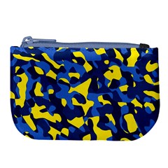 Blue And Yellow Camouflage Pattern Large Coin Purse by SpinnyChairDesigns