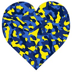 Blue And Yellow Camouflage Pattern Wooden Puzzle Heart by SpinnyChairDesigns