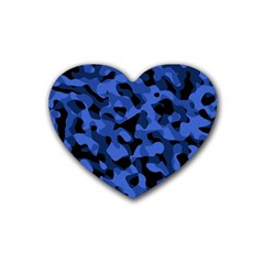 Black And Blue Camouflage Pattern Rubber Coaster (heart)  by SpinnyChairDesigns