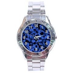 Black And Blue Camouflage Pattern Stainless Steel Analogue Watch by SpinnyChairDesigns