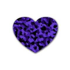 Purple Black Camouflage Pattern Rubber Coaster (heart)  by SpinnyChairDesigns